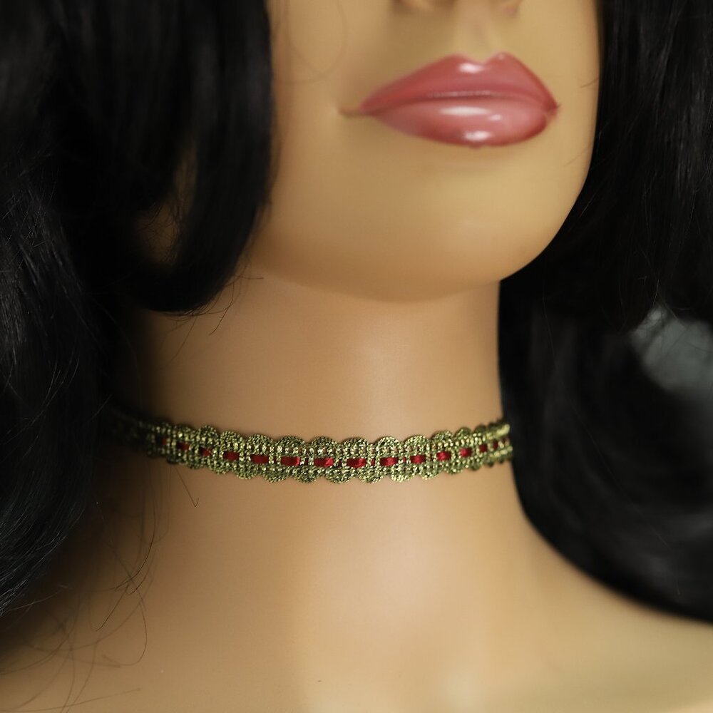 Gold Lace Choker - Adjustable 12.5' - 15' inch Red and Gold Color choker (#1)